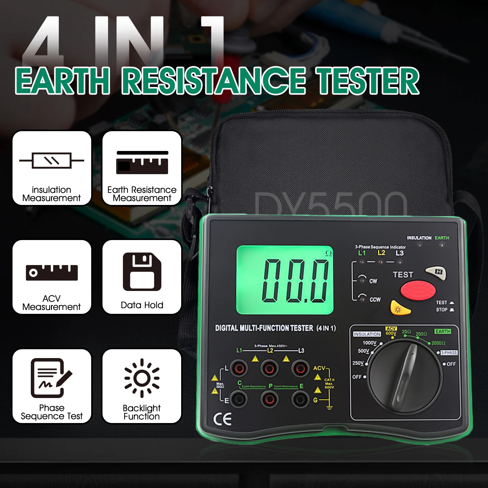 Multifunction Tester 4-in-1 Insulation Resistance Ground Resistance AC Voltage Phase Sequence Meter 20GΩ 1000V