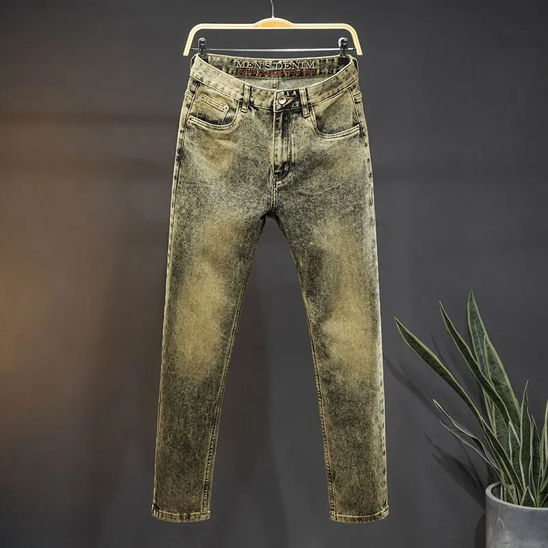 Gele Modderkleur Retro Nostalgische Herenjeans Street Fashion Trends All-Matching En Knappe Slanke Skinny Distressed Broeken