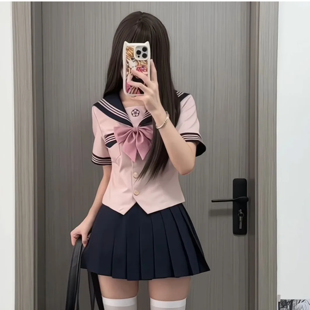 

Original Sweet Japanese Sle School orm Set for plus Size Women Waist-cinching Sailor Suit Two-Piece Set Polyester ort...