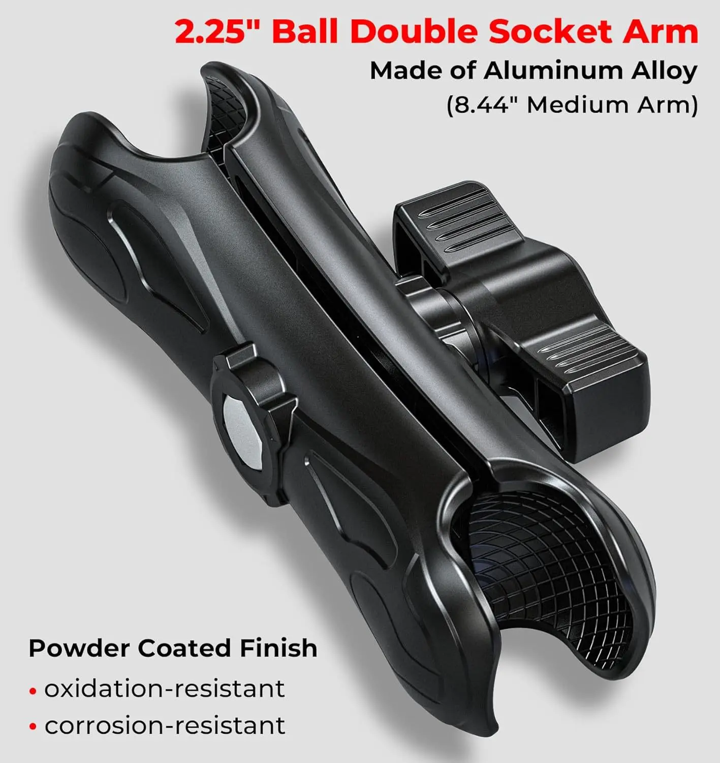 Braço de soquete duplo médio universal de alumínio compatível com componente de montagem Ram de 2,25 polegadas para localizador de peixes/trator/carretel elevatório