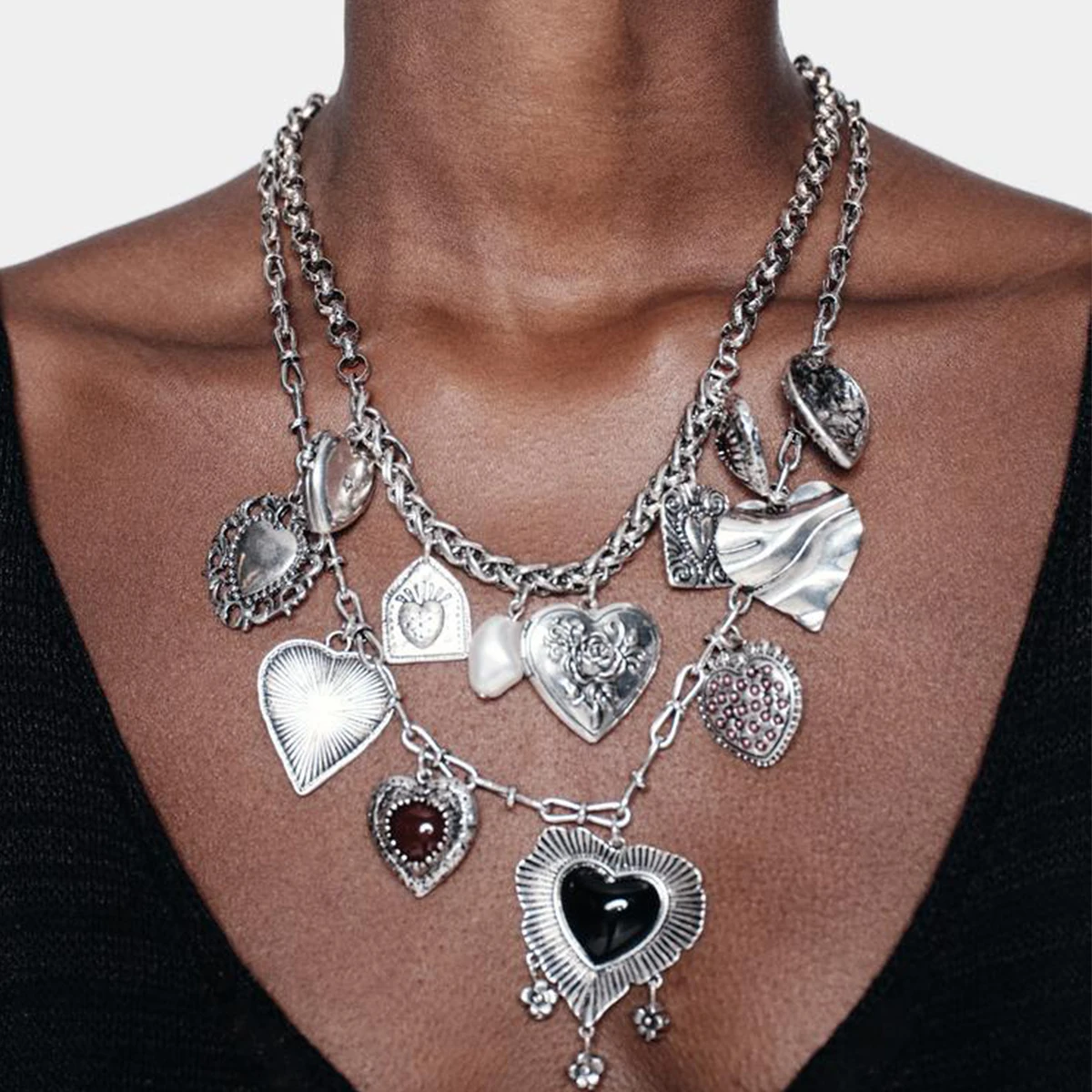 

2Pcs/set ZAA Vintage Metal Heart-shaped Charms Necklaces for Women Statement Jewelry Neck Accessories 2024 New