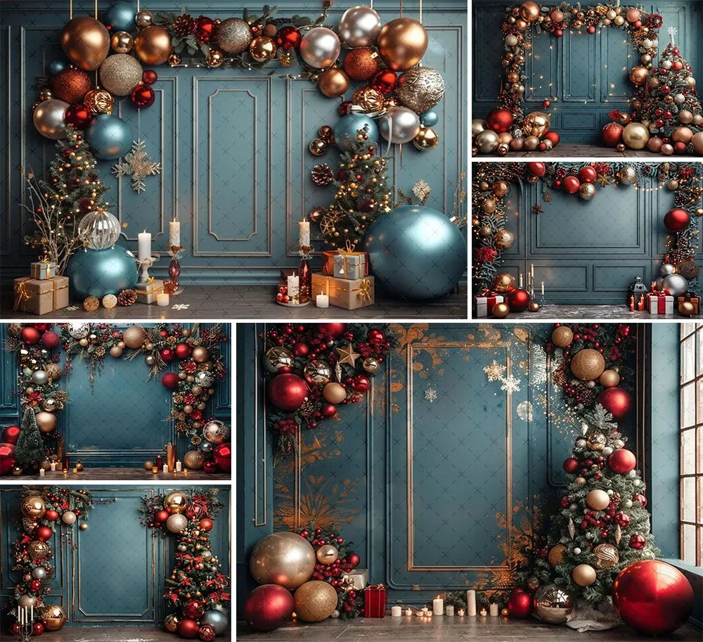 Mehofond Photography Background Christmas Blue Wall Balloon Gifts Xmas Tree Children Family Portrait Decor Backdrop Photo Studio