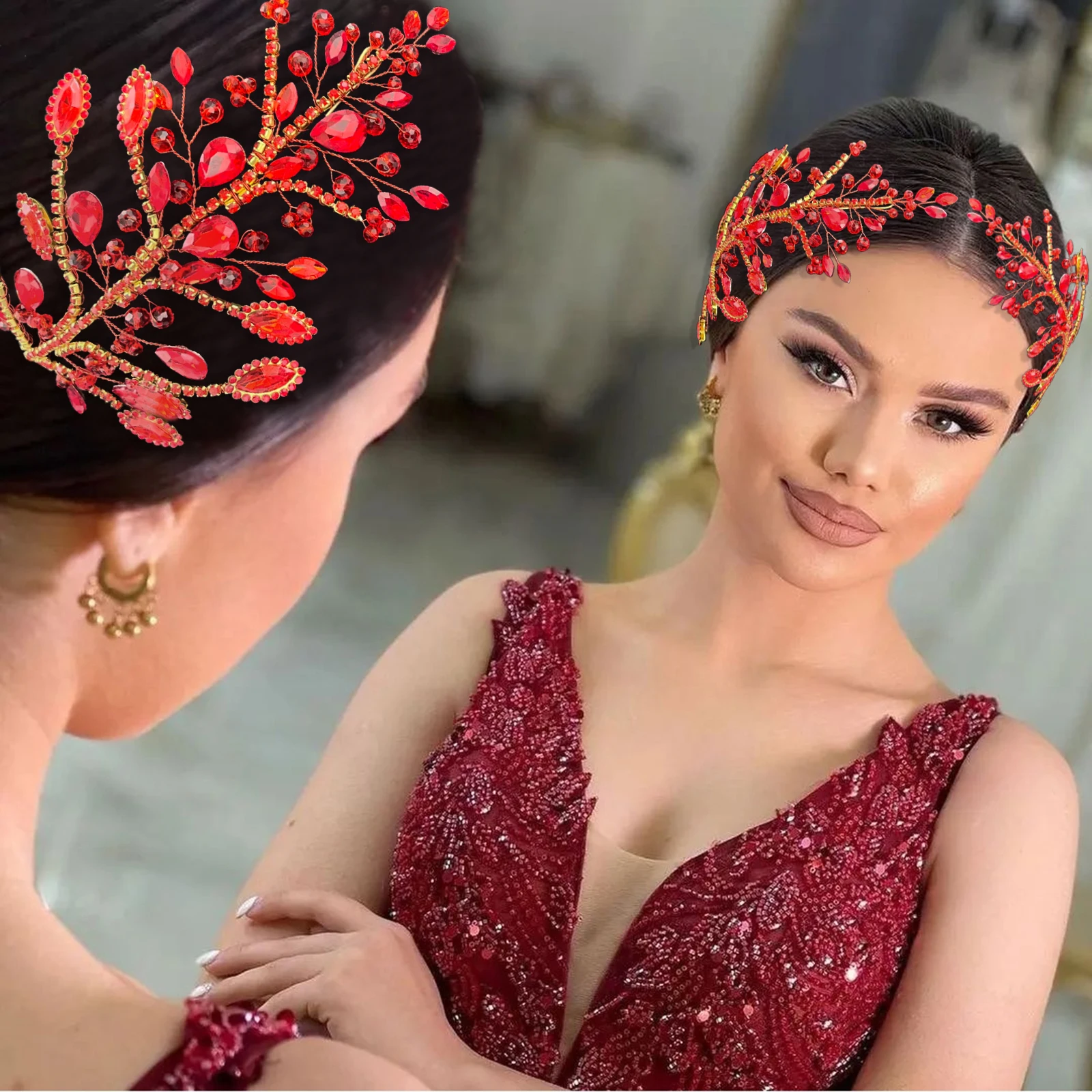 

DZ253 Red Crystal Bridal Headband Rhinestone Hairbands Shining Wedding Hair Accessories Halloween Tiara Christmas Headwear