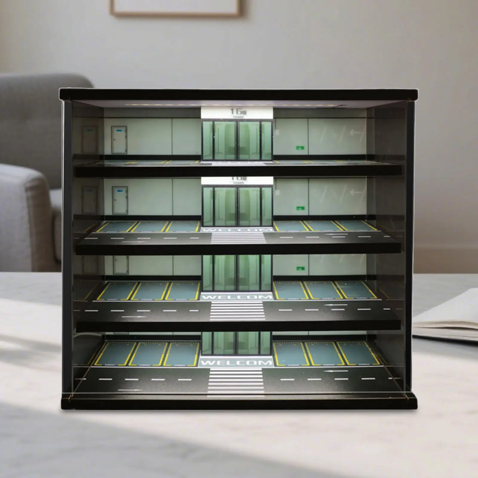 

1/64 Diorama Car Parking Lot Display Case with Light 5 Layers Collector Organizer Decor Realistic 32 Parking Space Display Stand