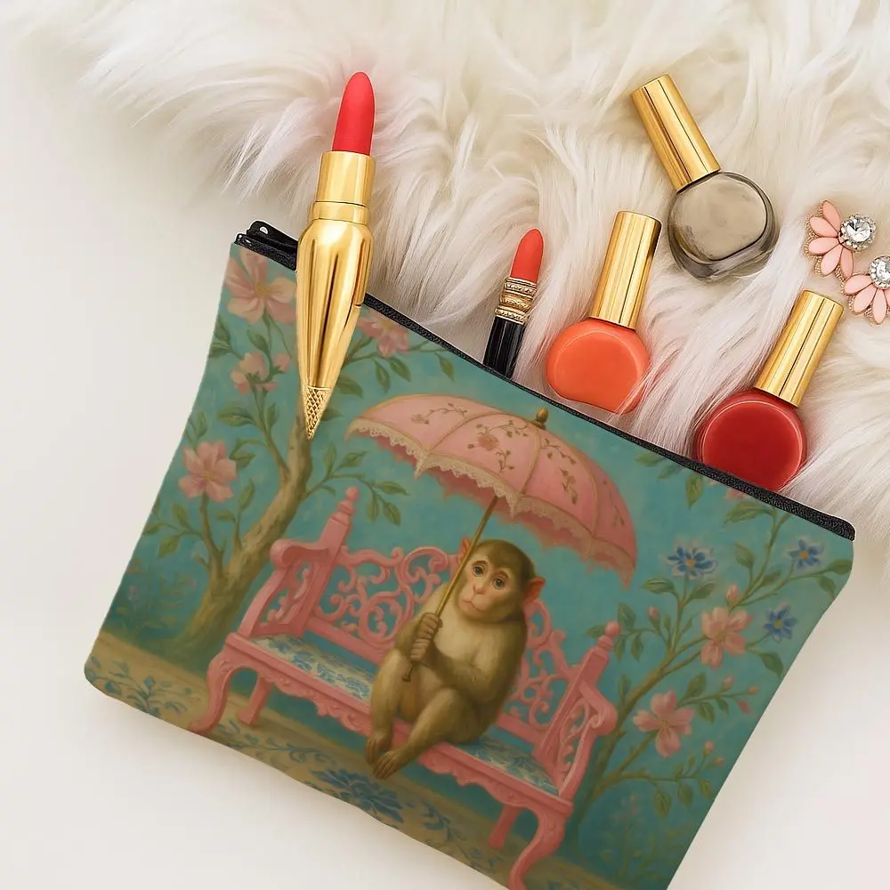 Whimsical Vintage Toiletries Bags Cute Pattern Monkey Bench Floral Pastel Makeup Bags  Large Capacity Multifunctional Travel Bag