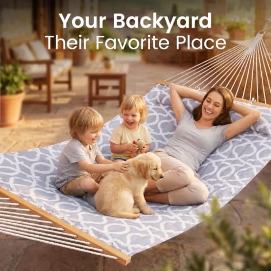 Outdoor double hammock with spreader bar for patio, camping, backyard, garden; quilted polyester fabric in white and gray; ultr