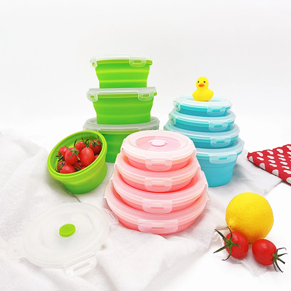 350/500/800/1200ML Tableware Round Silicone Portable folding lunch box Microwave Refrigerator Plastic Lunch Boxes Food Storage