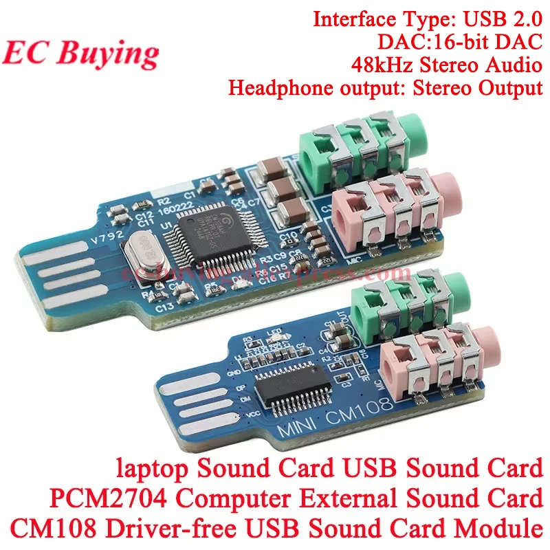 2Pcs/1pc CM108 USB 2.0 Drive Free Sound Card Laptop Computer External Sound Card Module Audio Notebook Driveless USB Sound Card