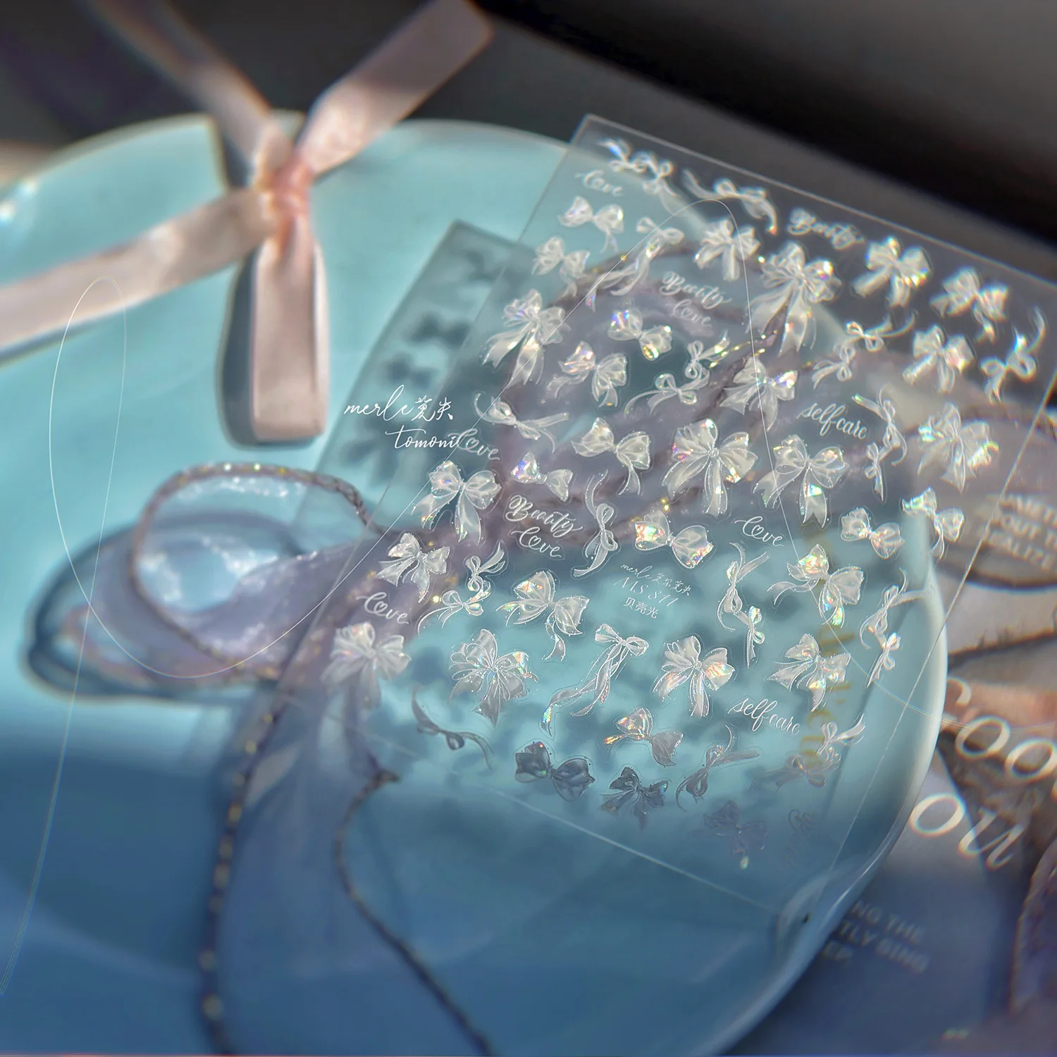 1 unidad de pegatinas 5D Aurora Jelly Bow para uñas, pegatinas para uñas blancas iridiscentes con luz de concha, lazos de cinta, bodas, ocasiones especiales, manicura *