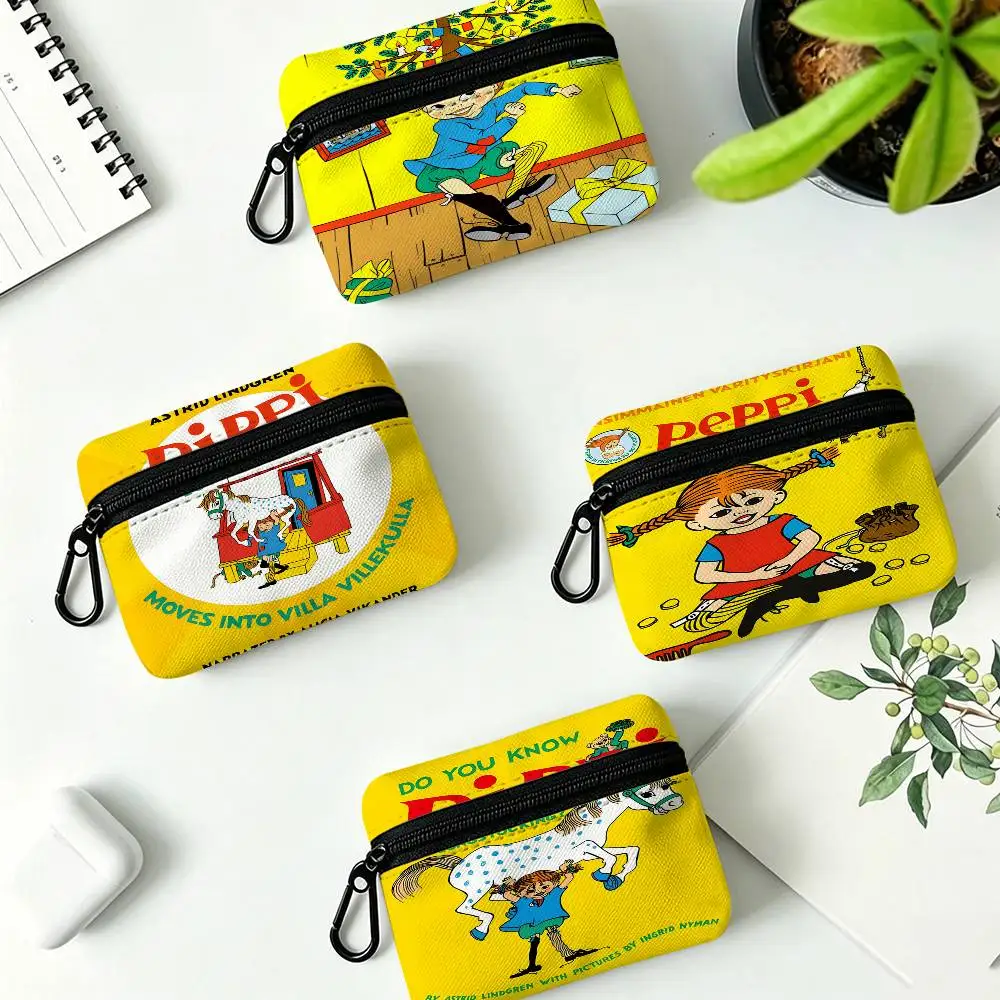 P-Pippi Longstocking White Oxford Cloth Zipper Coin Purse Lightweight Hanging Key Pouch Card Holder For Daily Use