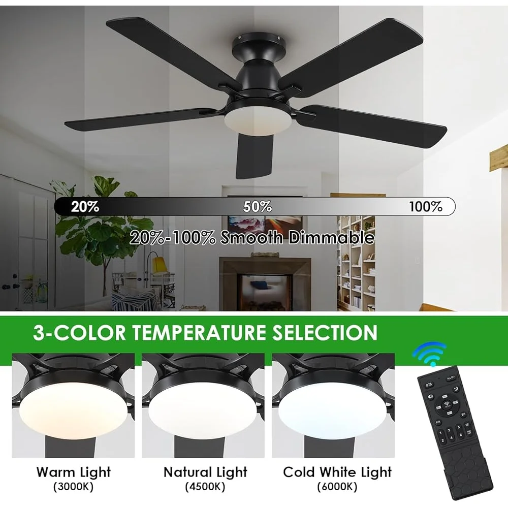 52-дюймовый низкопрофильный потолочный вентилятор с подсветкой, дистанционным управлением через приложение, регулируемый двигатель постоянного тока для использования в помещении и на открытом воздухе, 5 лопастей, тихий воздушный поток