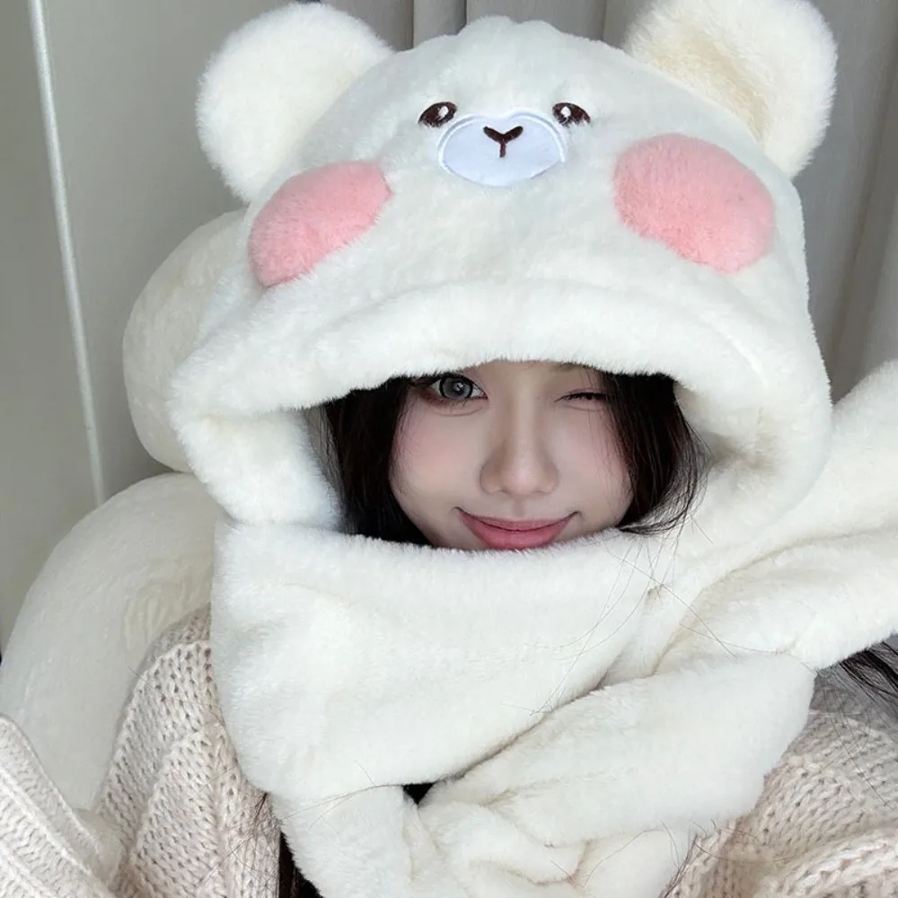 

Cute Warm Bear Hat Fluffy with Scarf Gloves Velvet Bucket Hat Winter Thickened Ear Protection Hat Women