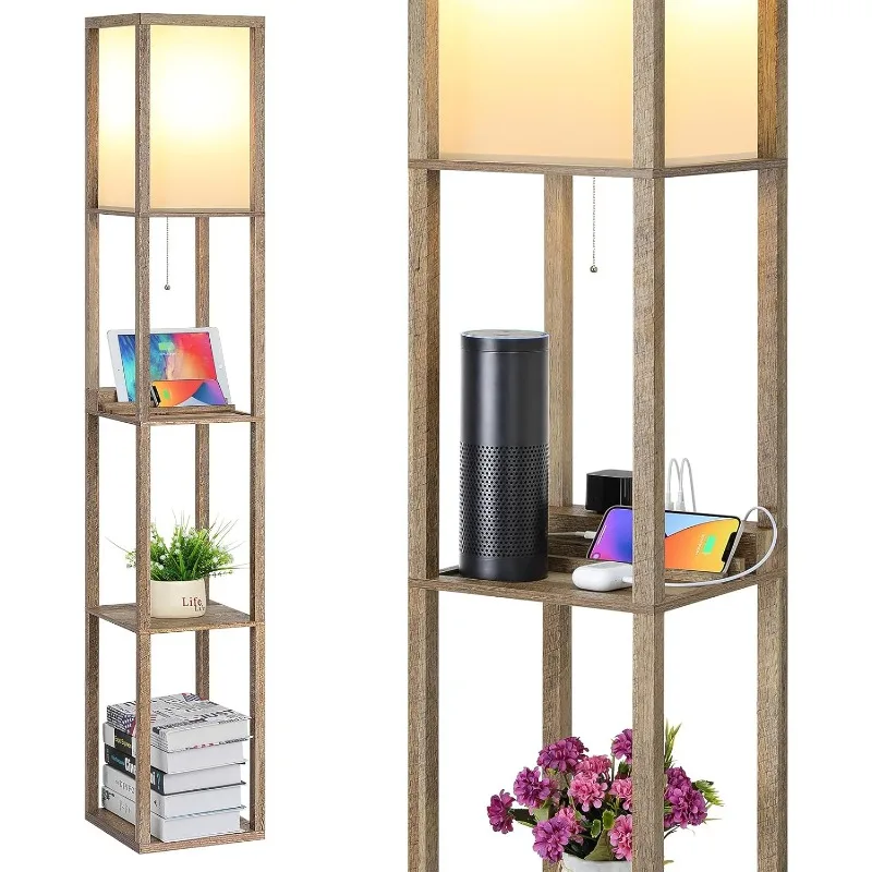 LED Shelf Floor Lamp, Modern Standing Lamp with 1 USB Port and 1 Type C Port and 1 Power Outlet, 3-Tiered Display