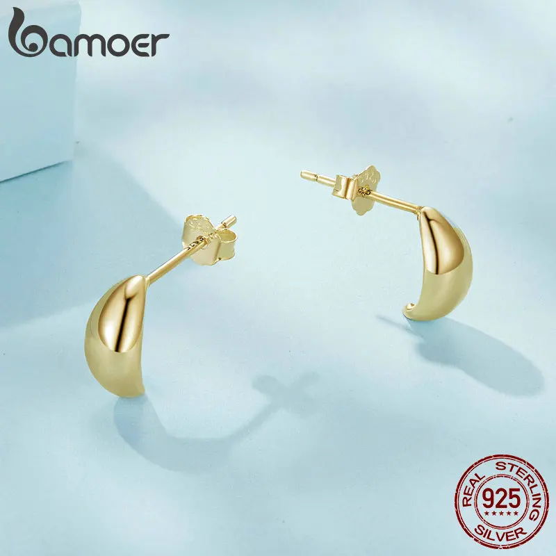 Bamoer 925 Sterling Silver Chunky Comma Stud Earrings Waterdrop Open Hoops Platinum Plated Fashion Fine Jewelry for Women Girls