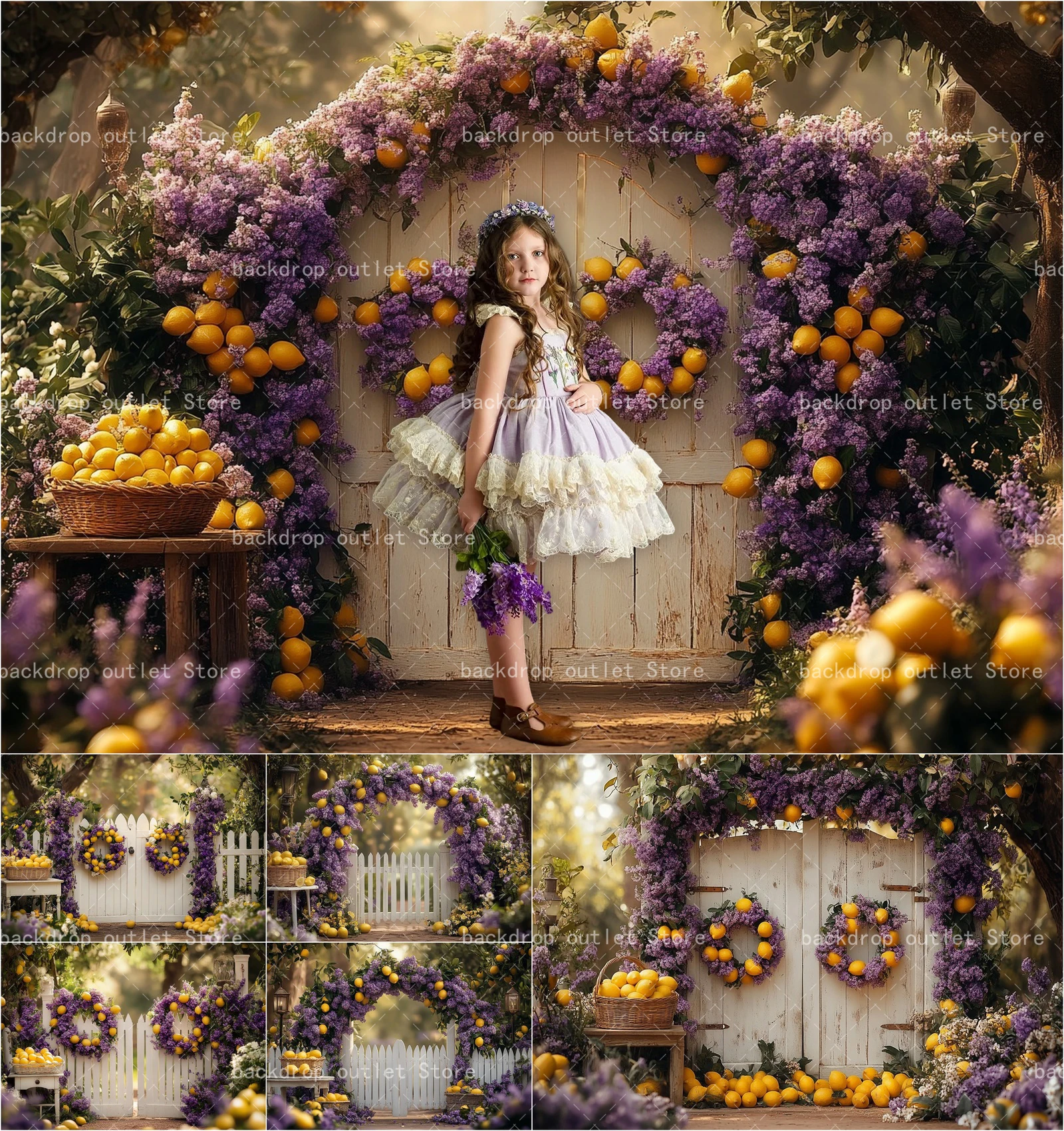 Mehofond Fotografie-Hintergrund mit Zitronen-Blumengarten, Bogen, Holztür, Dekorationen, Hochzeit, Erwachsene, Kinder, Fotohintergrund, Studio