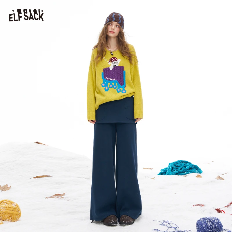 ELFSACK 2025 Winter New Arrivals Y2K Casual Loose Fake Two Piece Straight Floor Length Pants For Women