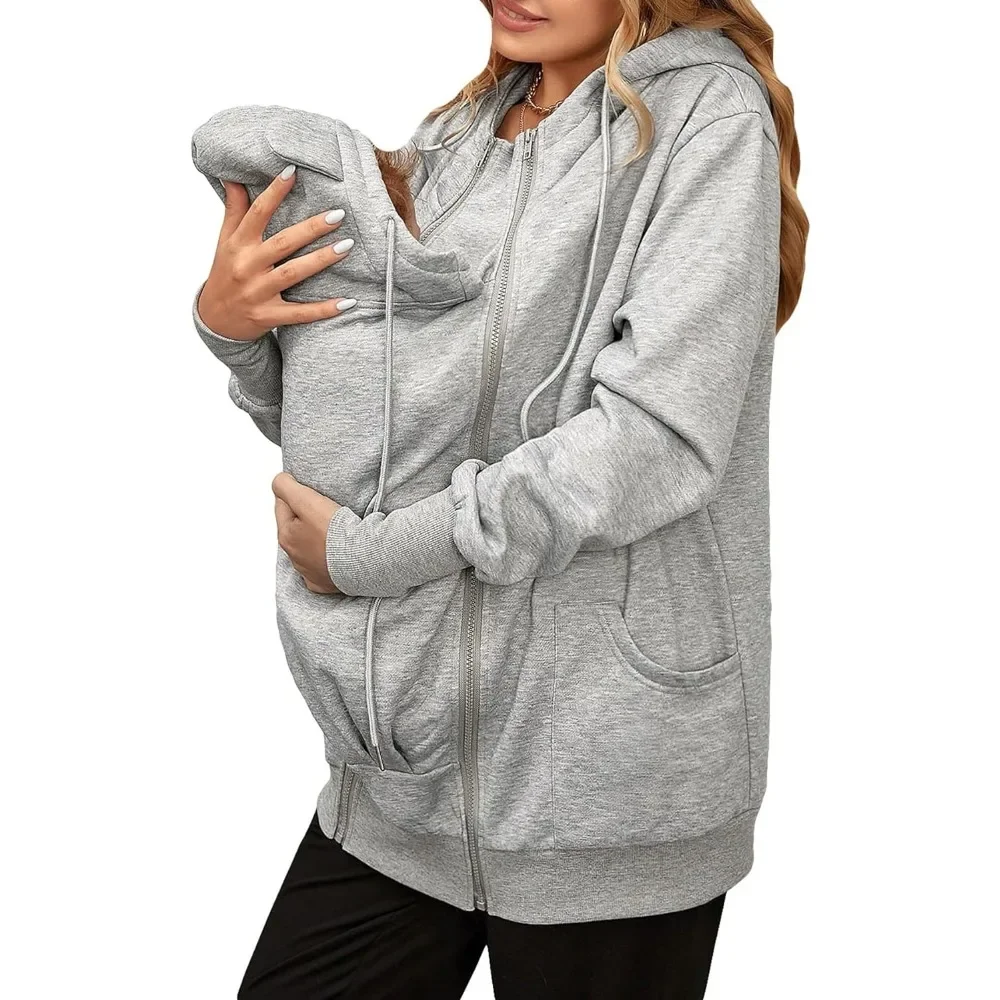 3 in 1 Women\'s Maternity Zip Up Sweatshirt Babywearing Carrier Hoodie Drop Shoulder Drawstring Nurse Hoodies Maternity Kangaroo