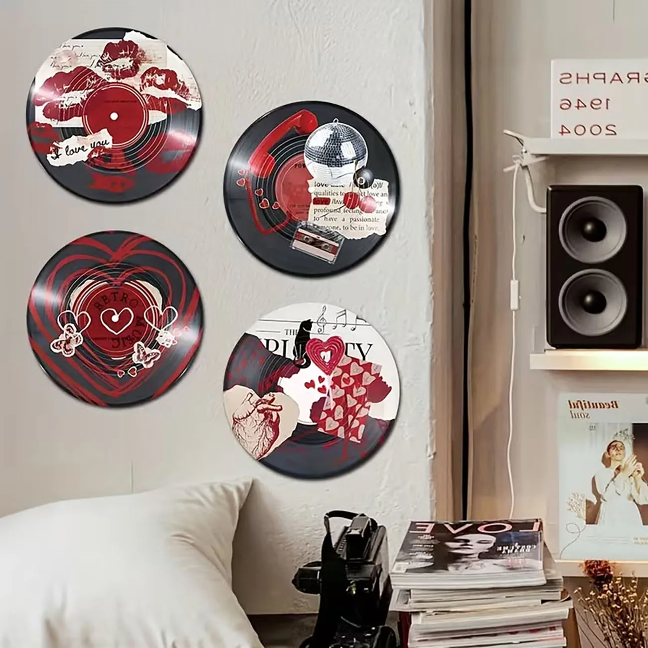 4Pcs Retro Vinyl Record Shaped Wooden Wall Decor, Red Love Heart Kiss Disco Ball Wall Stickers with Nano Tape