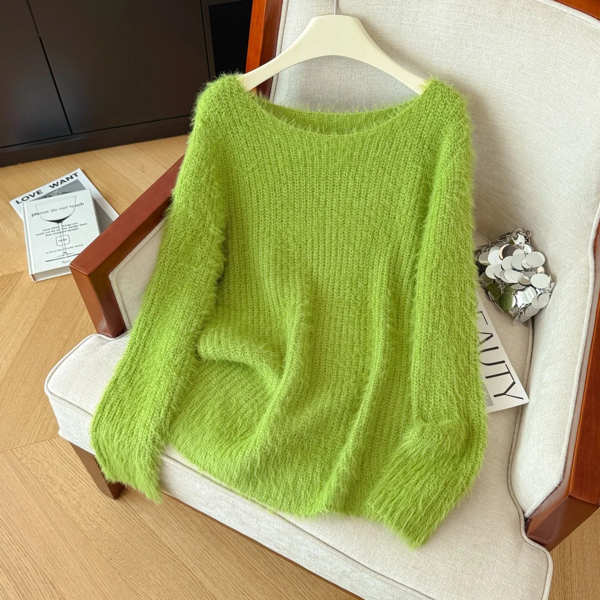 

Women's Green O-Neck Knit Pullover Mohair Sweater Vintage Jumper Knit Long Sleeves Cashmere Sweater Autumn Winter 2000s Clothes