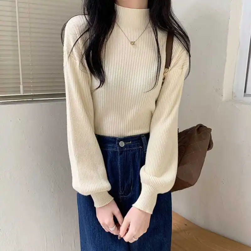 

Autumn Winter New Solid Color Fashion Puff Sleeve Sweater Women High Street Casual Pullovers Korean Style Elegant All-match Tops
