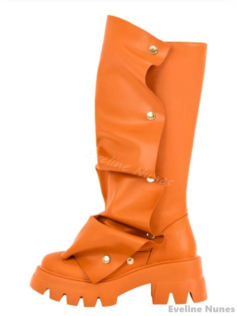 

Rivet Pleated Leather Knee High Boots Women Round Toe Chunky Heel Platform Slip On Orange Biker Boots New Fashion Trouser Boots