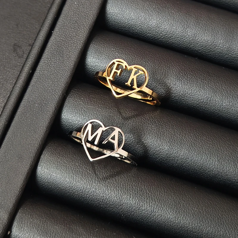 

1 Pair Custom Couple Name Initials Ring Personalized Luxury Hollow Stainless Steel Ring Girlfriend Birthday Gift Women Jewelry