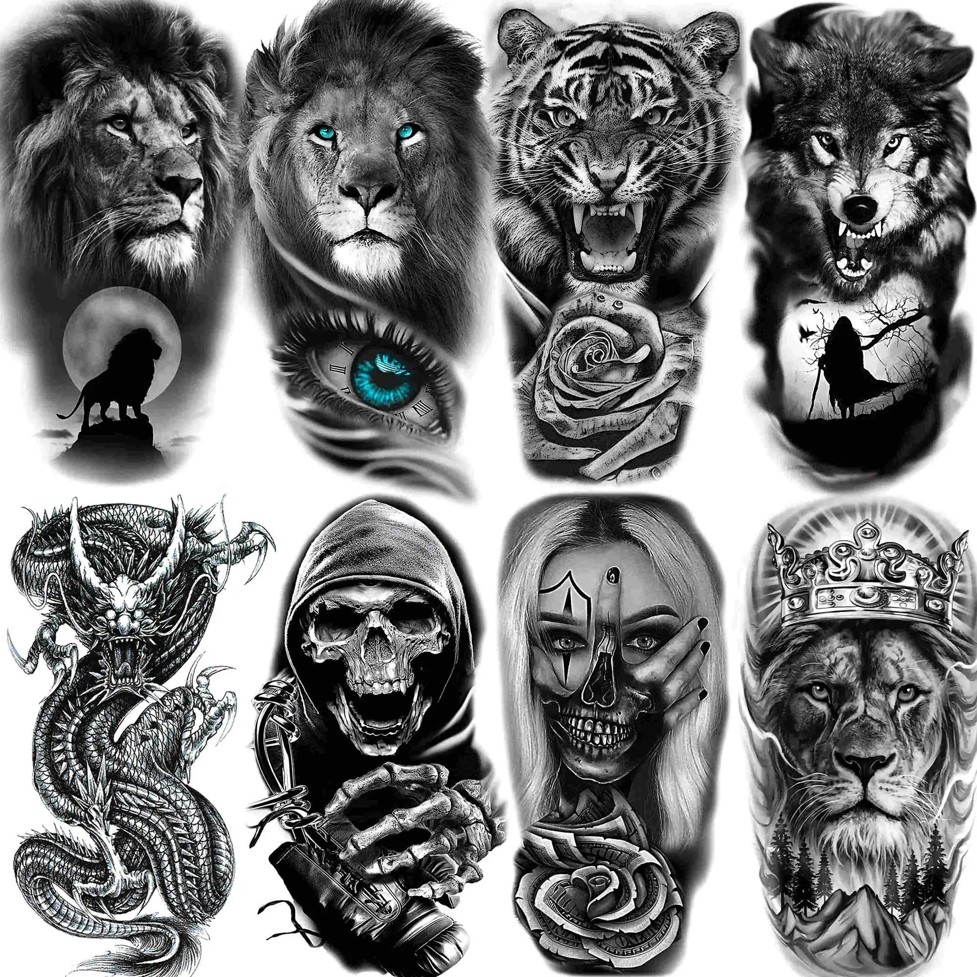 8 Sheets Tribal Lion Tiger Temporary Tattoos For Women Adults Men Fake Black Skull Dragon Tattoo Sticker Gangster Compass Tatoos