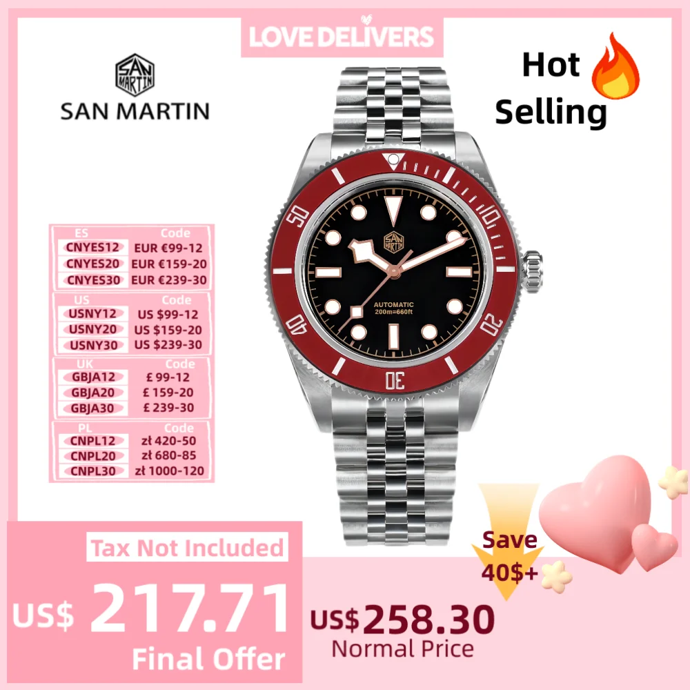 San Martin 40mm BB NH35 Mens Watches Diving Mechanical Wristwatch Jubilee Bracelet Red Bezel Waterproof 20Bar BGW-9 Reloj SN0128