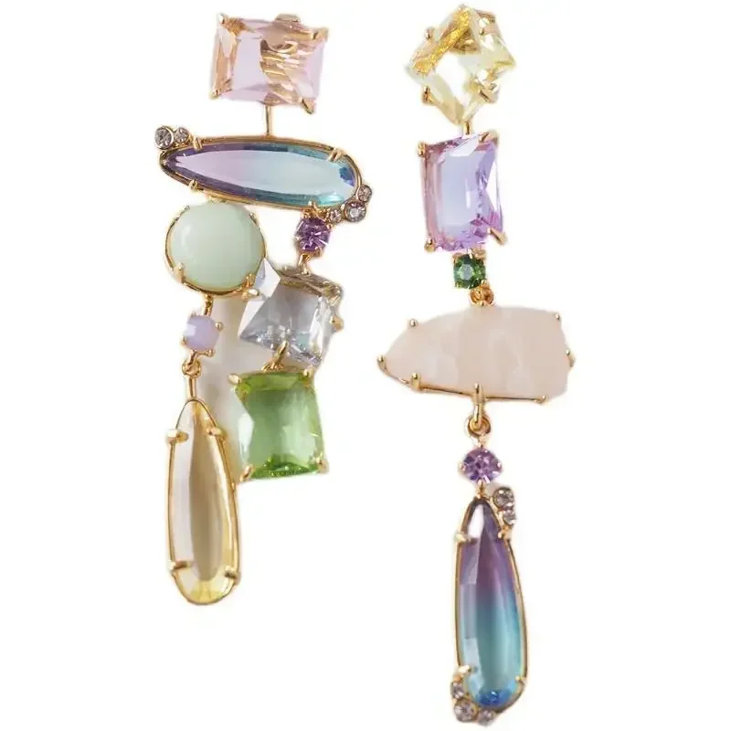2026 Asymmetric Rainbow Water Diamond European and American Earrings for Women, High Grade Earclip, No Ear Hole