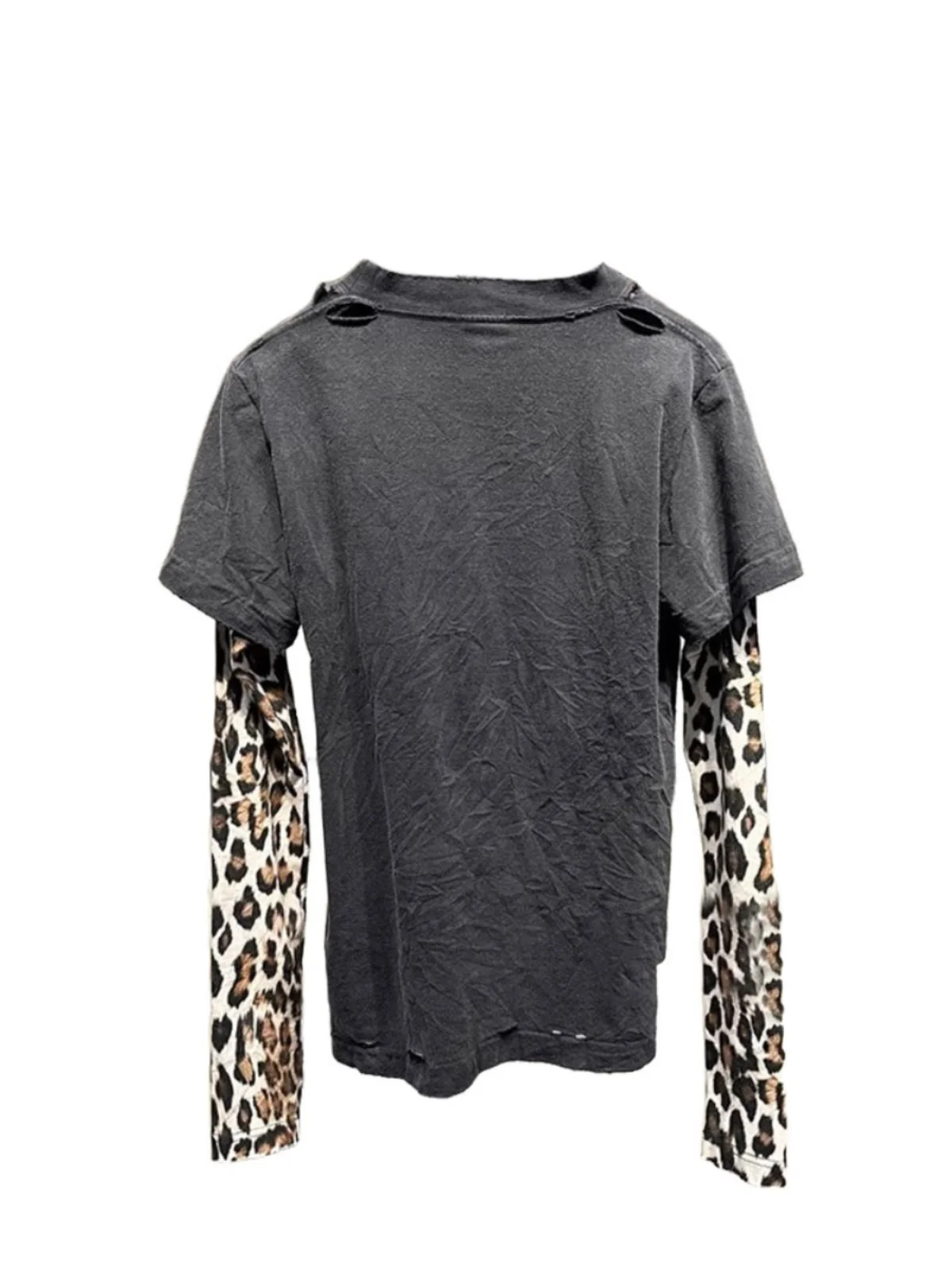 Autumn 26 plus Size Leopard Print Patchwork Long Sve round Ne T-irt Women's Commute Sle Korean Loose Fit Creative Pa...