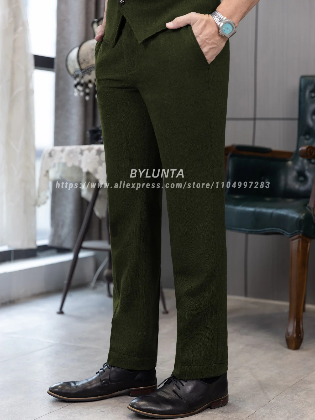 In Stock 2026 Men Grey Herringbone Tweed Suit Pants Autumn Winter Straight Leg Business Casual Woolen Trousers For Men