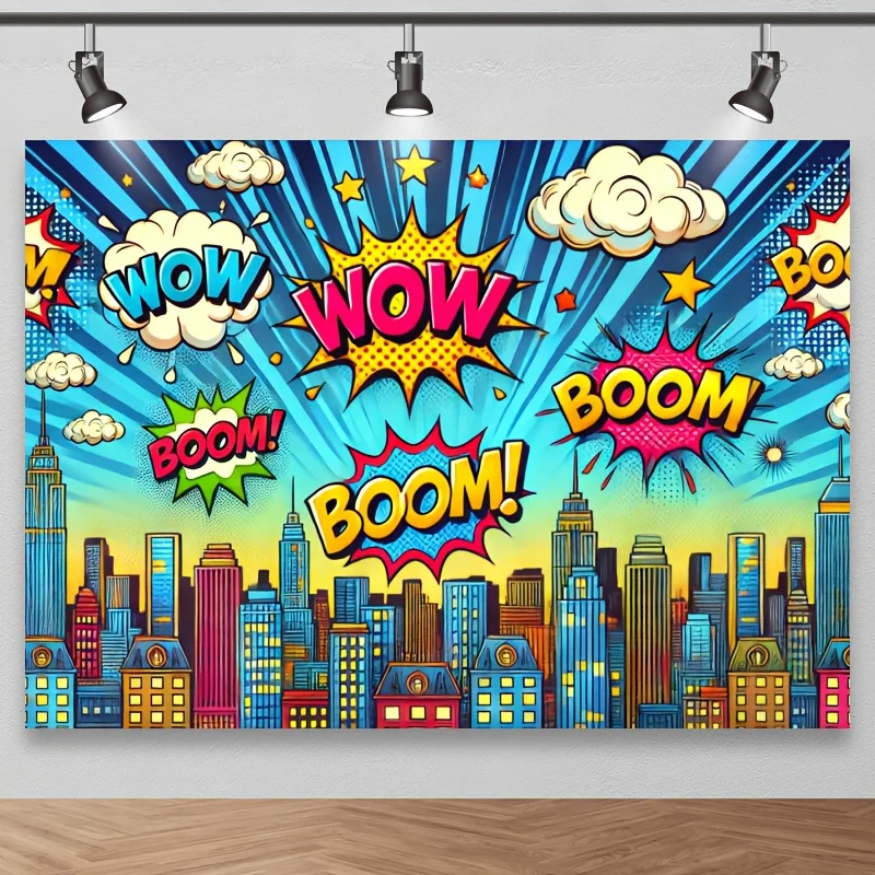 1 Stück Retro-Comic-Hintergrund für städtische Landschaftsfotografie – Polyester-Hintergrund mit bunten Boom- und Wow-Explosionen