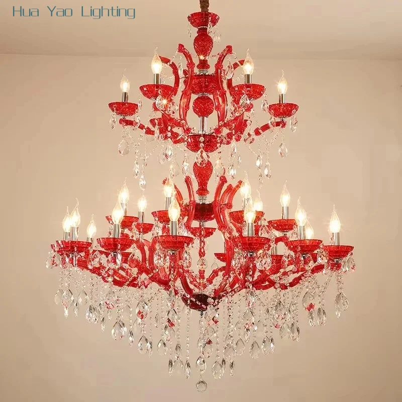 European Red Crystal Chandelier Hotel Lobby Colorful Candle Pendant Lamps Banquet Hall Villa Duplex Decoration Project Lighting