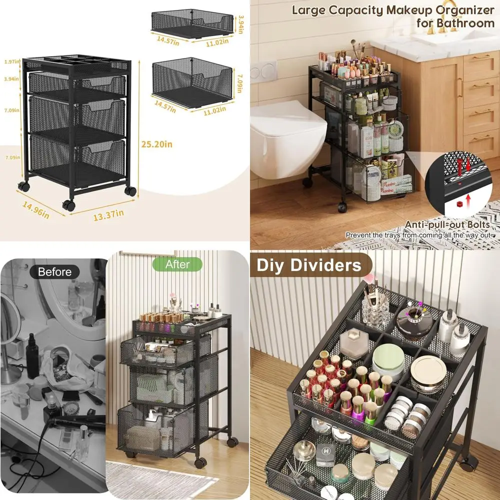 

3-Drawer Rolling Makeup Cart Organizer, Black, with Cosmetic Dividers and Wheels for Skincare, Nail Polish, Perfume, and Hair To