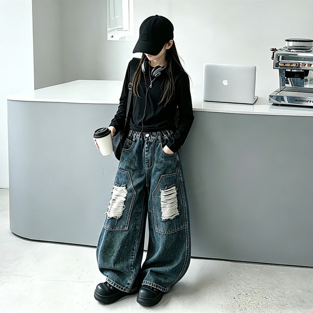 Teen Kids Casual Wide Leg Ripped Jeans with Hole Patch for Girls High Fashion Street Denim Pants Children's New Autumn Trousers