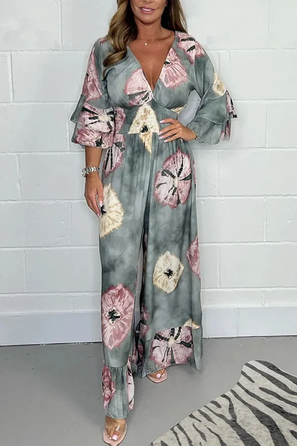 

BKLD 2025 Summer New Fashion Printed Women Clothing One Pieces Deep V-Neck Ruffles Long Sleeve Wide Leg Pants Jumpsuits