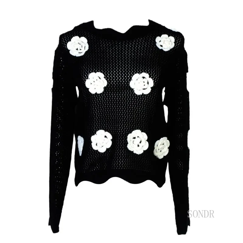 Hollow Out Sweater Women with Appliques Flowers Cross-border Three-dimensional Flower Sweater Blouse Sexy Hot Girl Cut Out Top