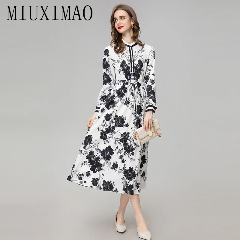 

MIUXIMAO 2024 Elegant Pretty Dress Women O-Neck Long Sleeve Black Flower Print Slim Long Dress Vestides Female Clothing