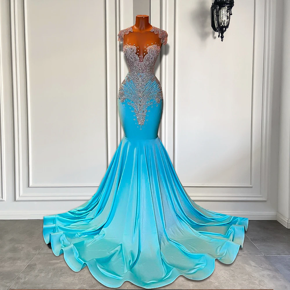 Long Sparkly Prom Dresses 2025 Sexy Sheer Top Luxury Diamond Light Blue Black Girls Mermaid Prom Gala Party Gowns