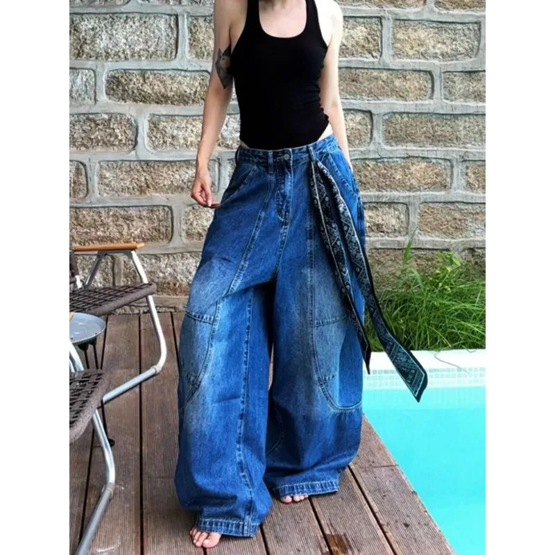 

American Fashion High Street Washed Denim Jeans for Women Summer Loose Fit Lazy Style Versatile Floor Length Pants