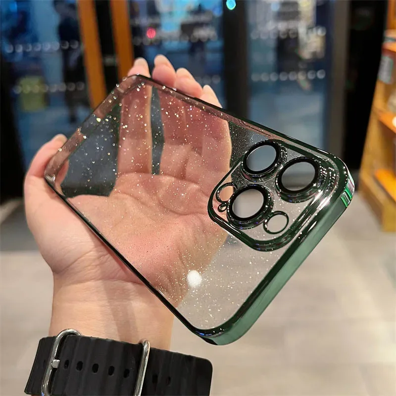 Suitable for iPhone 16,15, 14, 13, 12, 11 ProMax Plus Pro phone cases with glitter plating and transparent built-in lens film