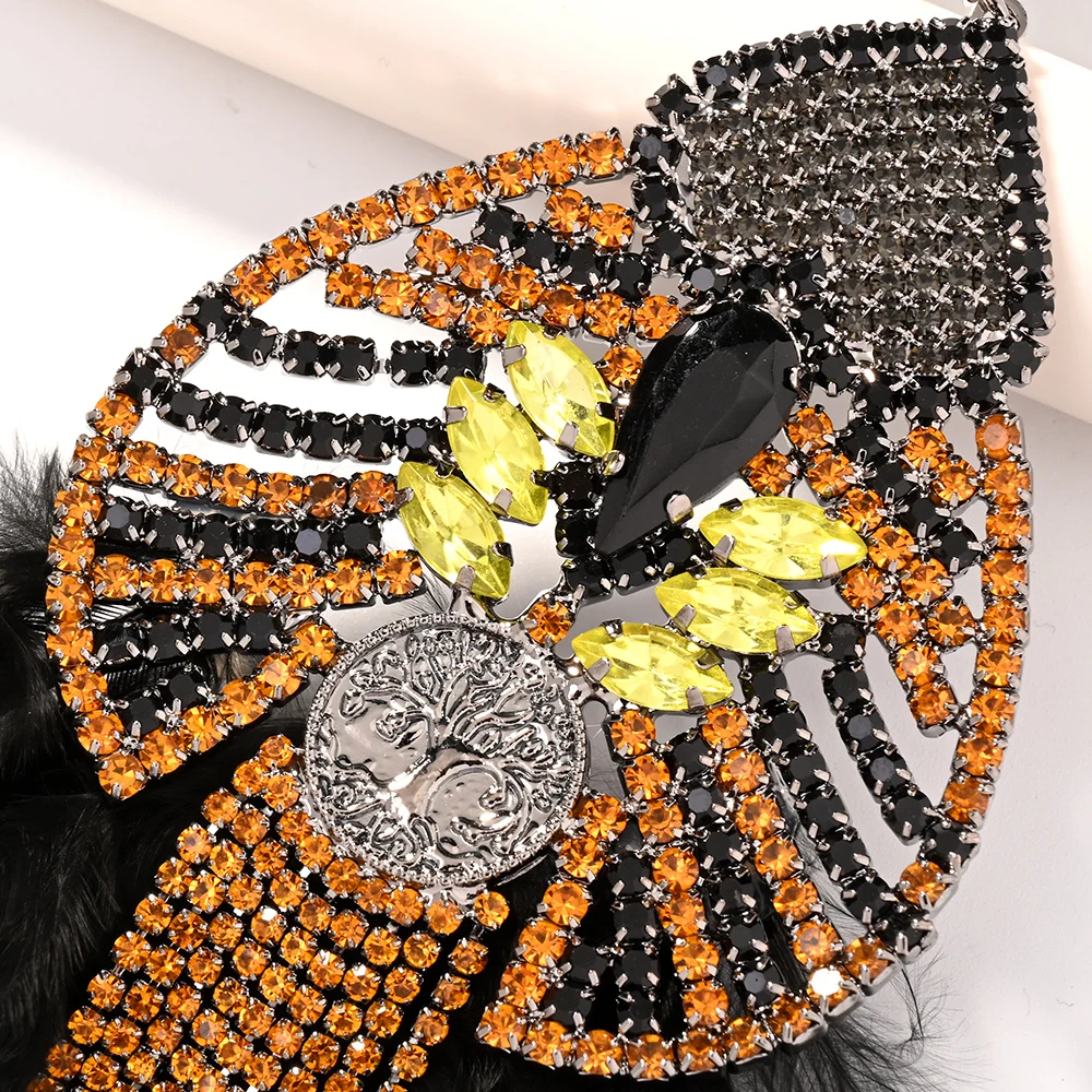 Exaggerated Black Feather Earrings for Drag Queen Statement Accessories Fashion Design Large Rhinestone Dangle Earrings Party