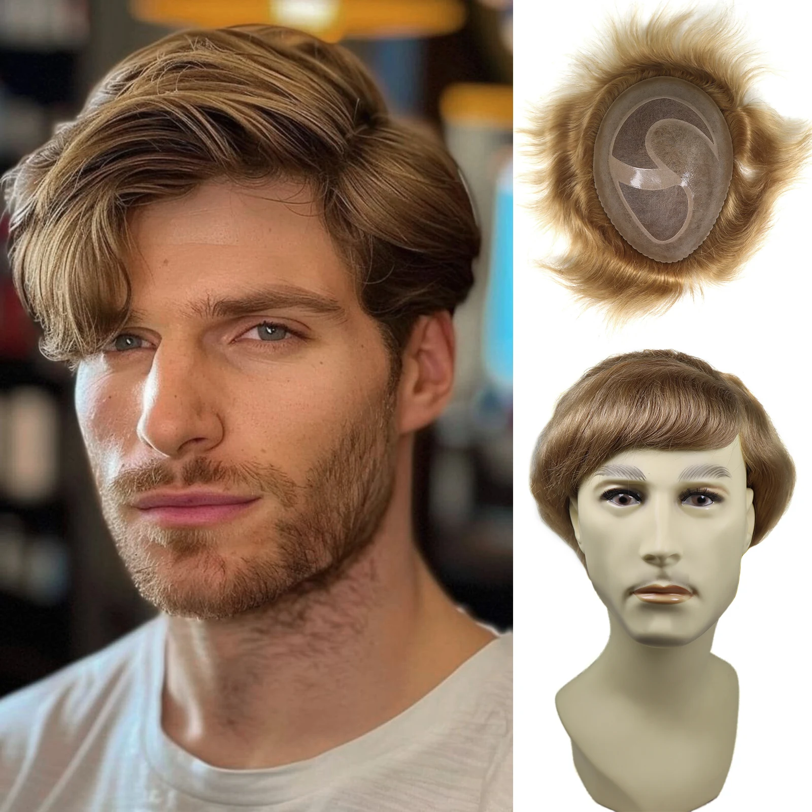 الرجال الشعرية الاصطناعية 8x10 بوصة تنفس أحادية مع قاعدة بولي PU الذكور شقراء الشعر المستعار دائم الرجال نظام استبدال الشعر وحدة شعر مستعار