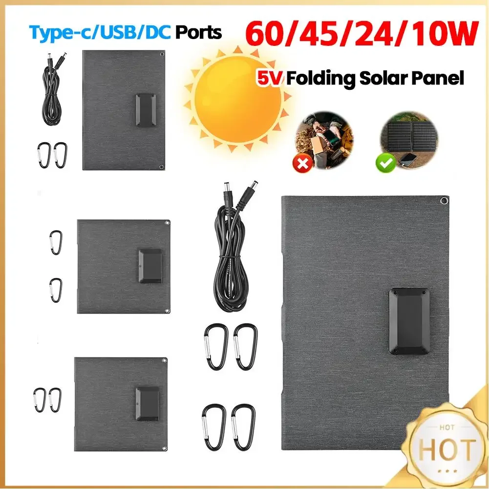 

60W/45W/24W/16W 18/12/5V Folding Solar Panel Type-c/USB/DC Ports Portable Solar Panel Charger Monocrystalline Solar Charger