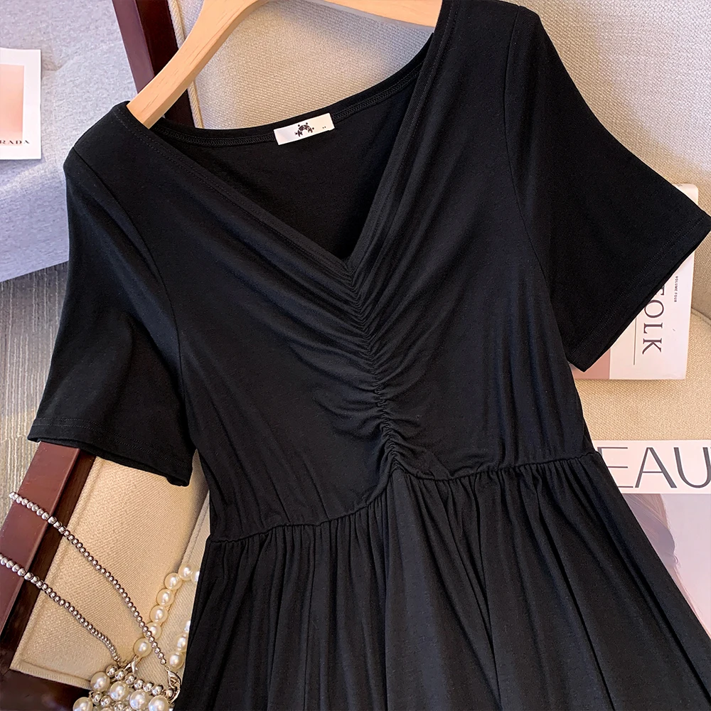 2024 summer new casual dress Black Modal fiber fabric loose comfortable V-neck mid-length dress slit hem party dress plus size