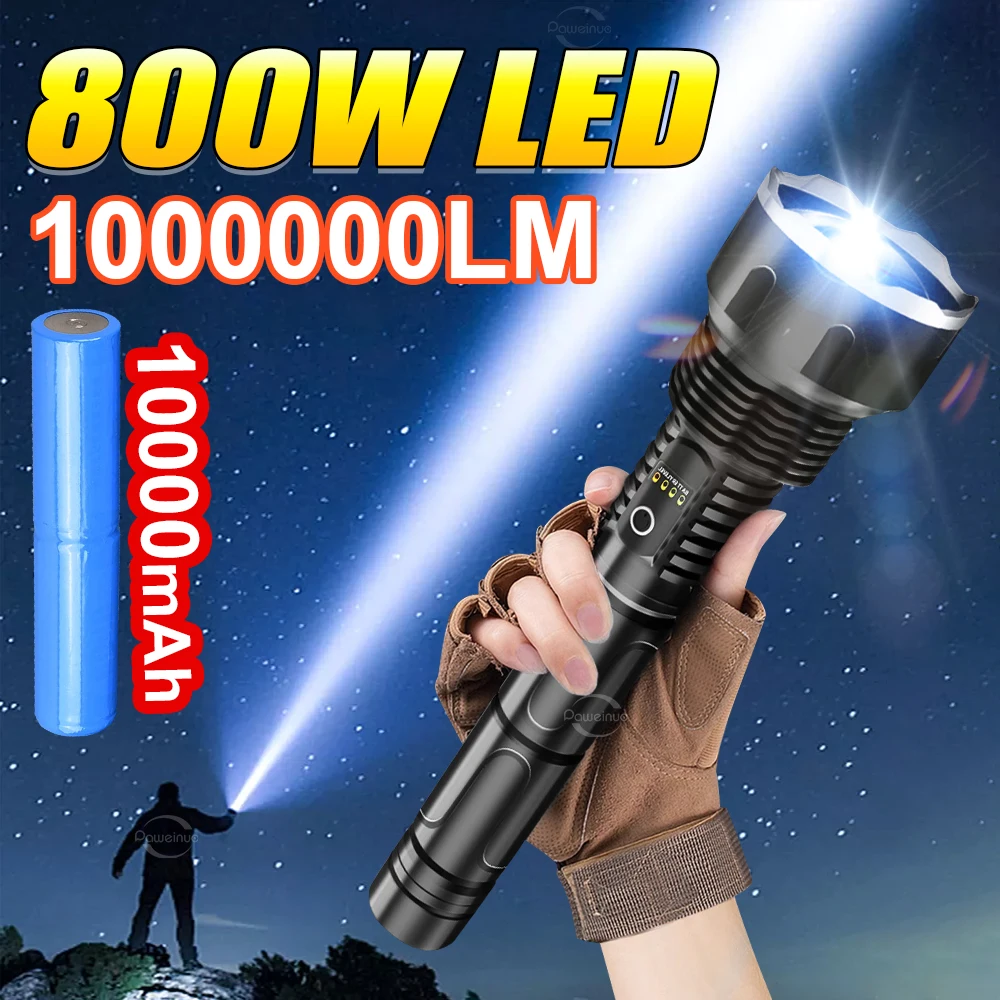 1000000LM Ultra Powerful Flashlight 10000mAh Rechargeable Torch Light 800W LED High Power LED Flashlight 5000M Long Shot Lantern