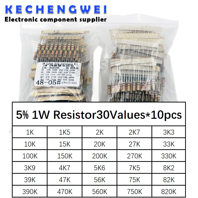 300pcs Resistor Kit 1W 5% 30values*10pcs 1K-820K ohm 1W Carbon Film kit