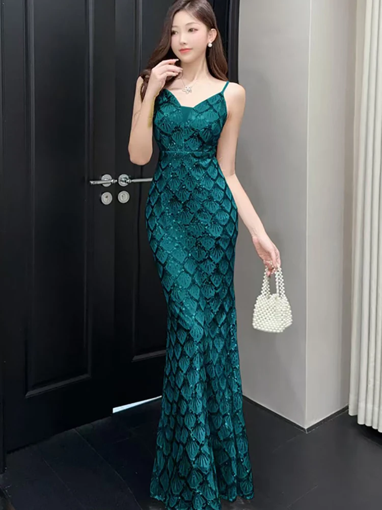 Printemps automne paillettes Plaid col en v Sexy robe à bretelles femmes élégant luxe danse robe de soirée 2025 coréen moulante à volants robes