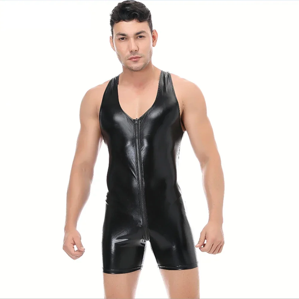 Mens Catsuit Faux Leather Bodysuits Plus Size Sleeveless Black Stretch Sexy Bodycon Open Crotch Zipper Jumpsuit Men Bodysuit