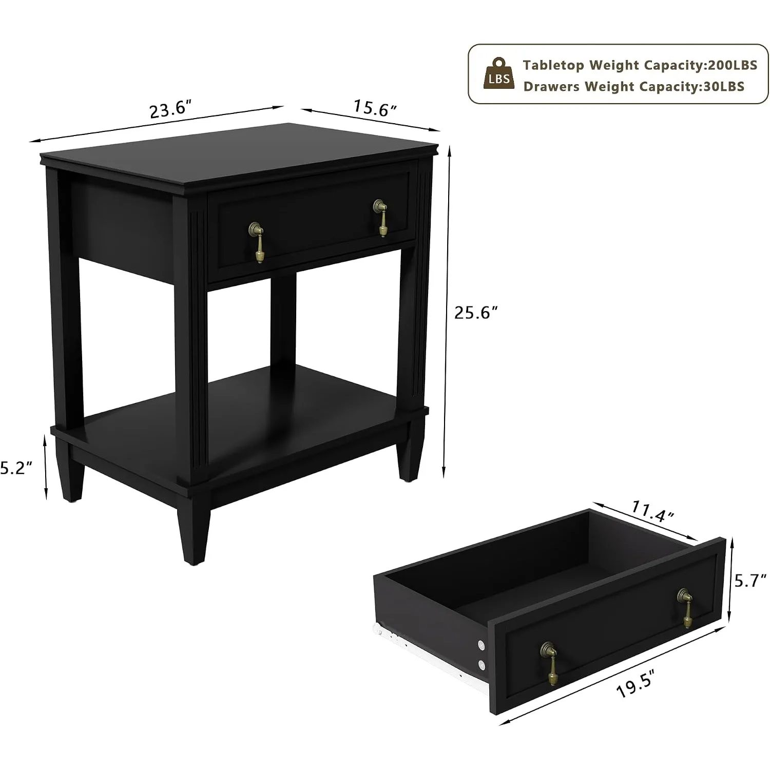 24 Inch Nightstands Set of 2 with Drawer, Side Table with 1 Drawer and Open Shelf, Vintage Small Bedside Table with Handles, 2-Tier Storage Shelves End Table for Bedroom, Dorm (Black)